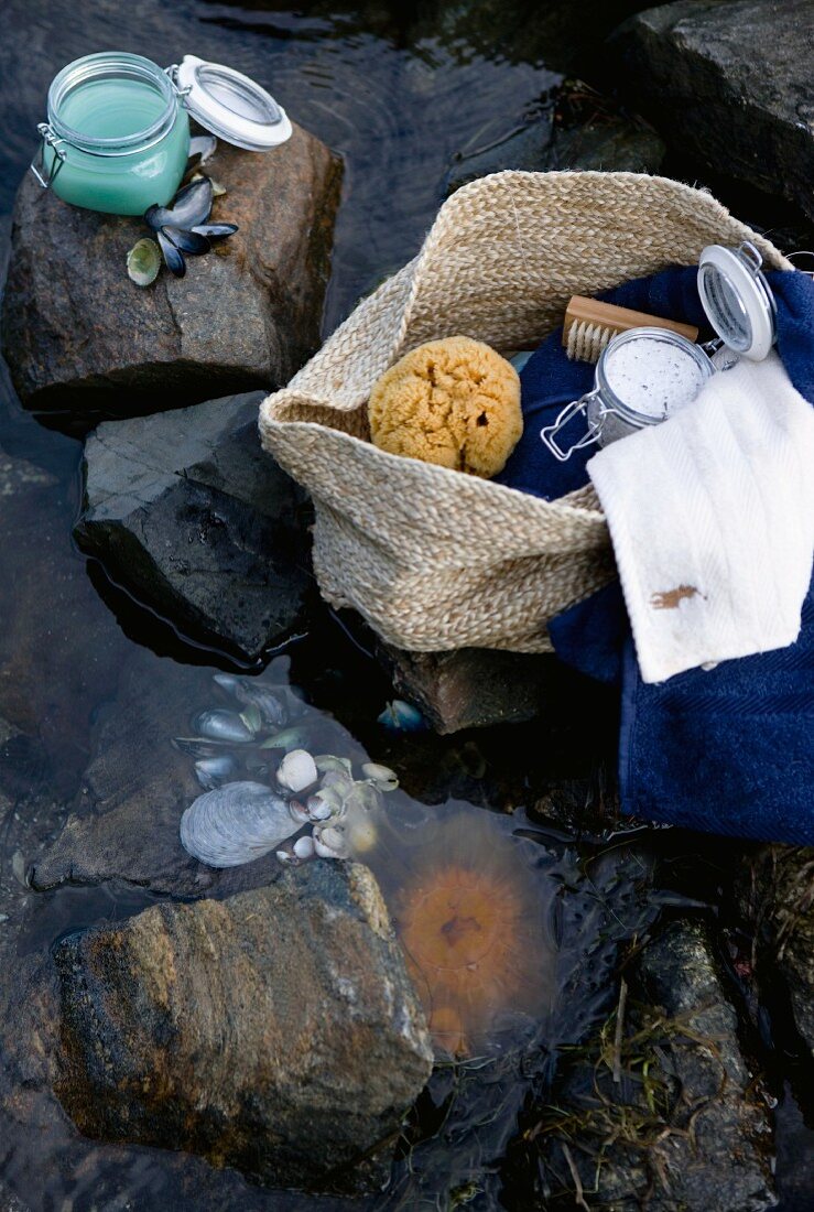 A bag of personal grooming items on water