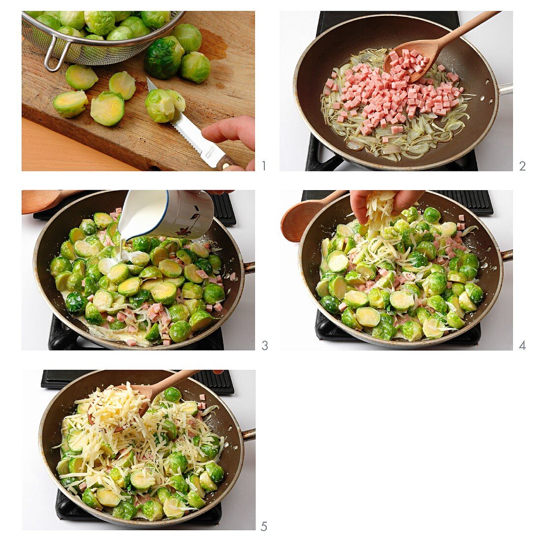 Brussels sprouts with ham and cheese being made