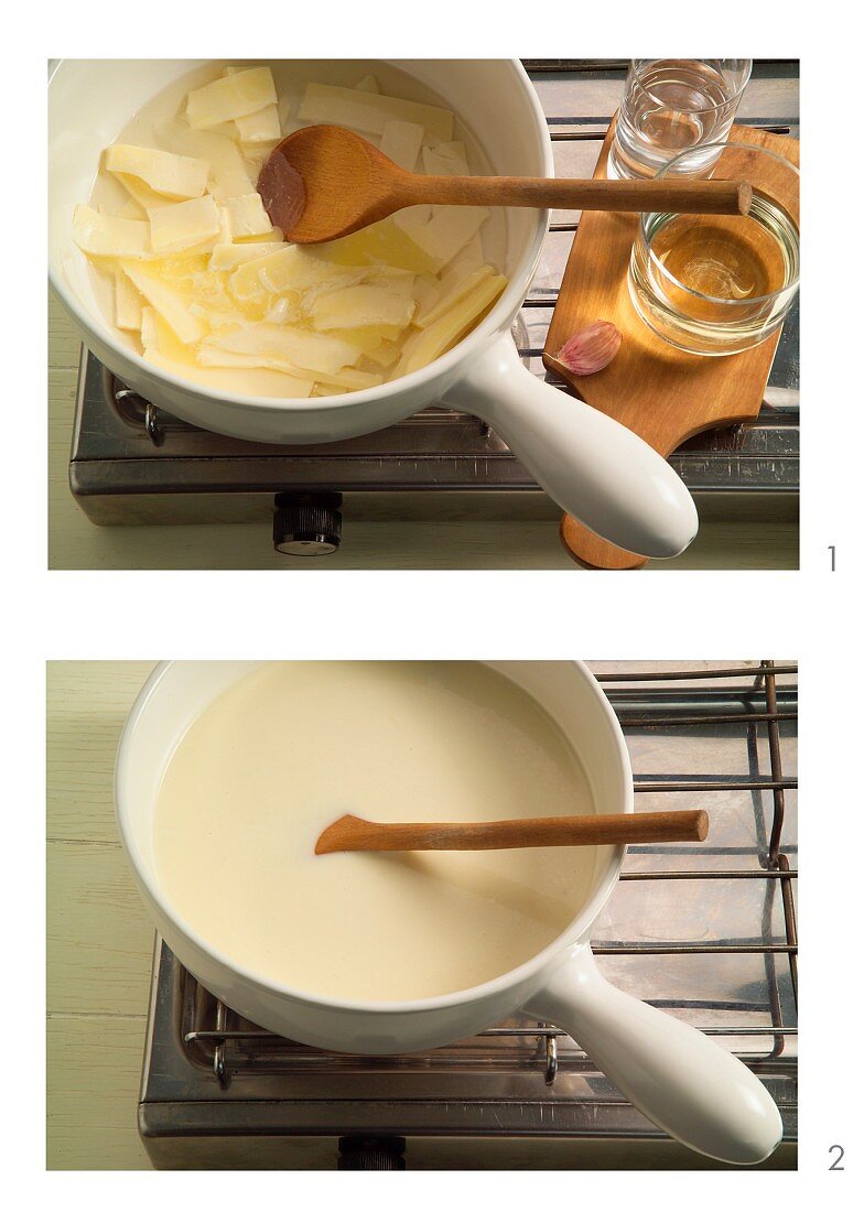 Making Swiss cheese fondue