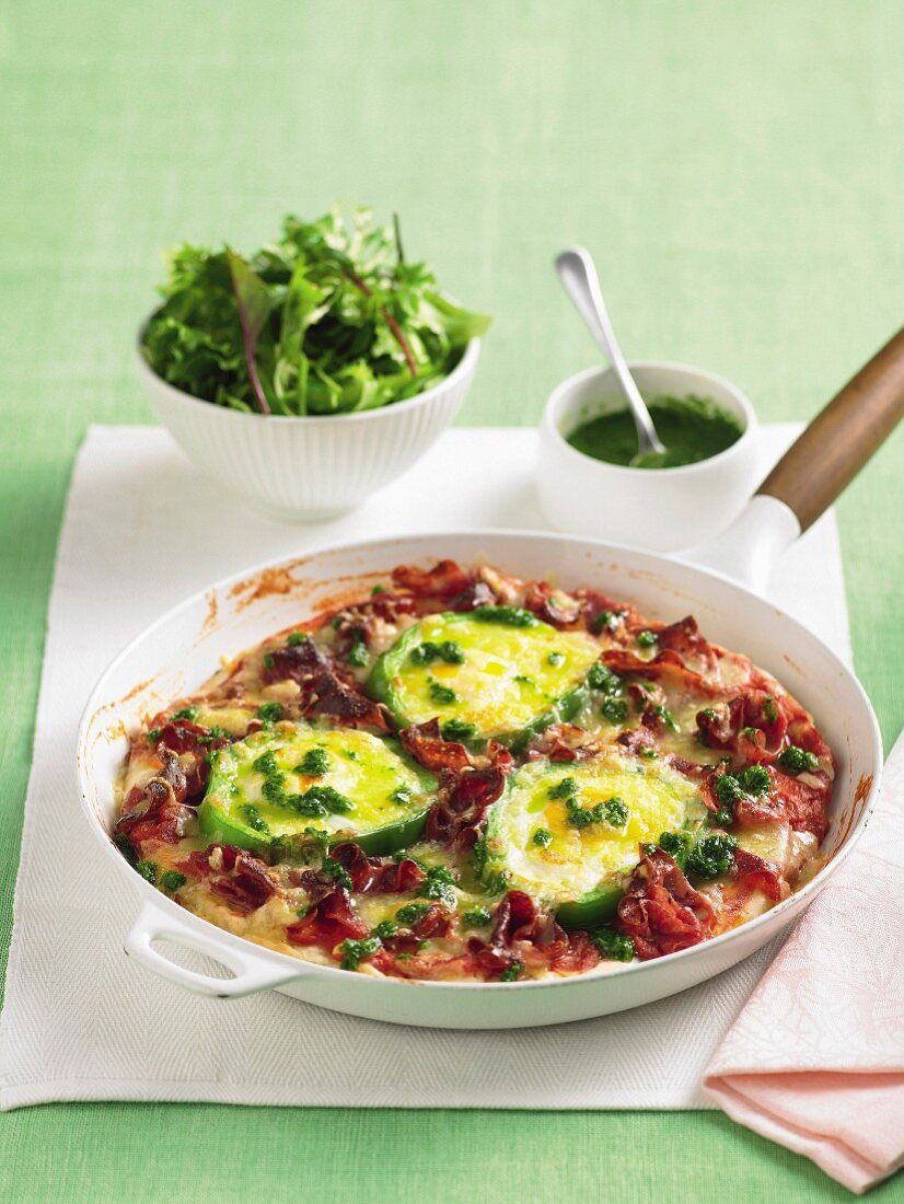 Pan-cooked salami pizza topped with egg