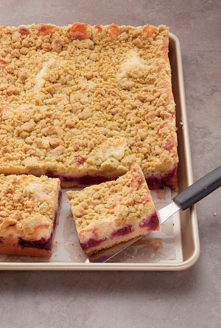 Crumble cake in the baking tray