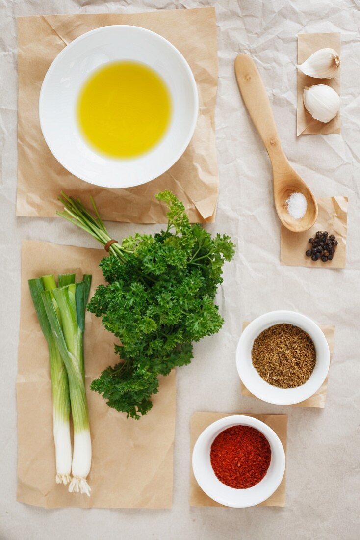 Ingredients for chermoula (oriental spice paste)