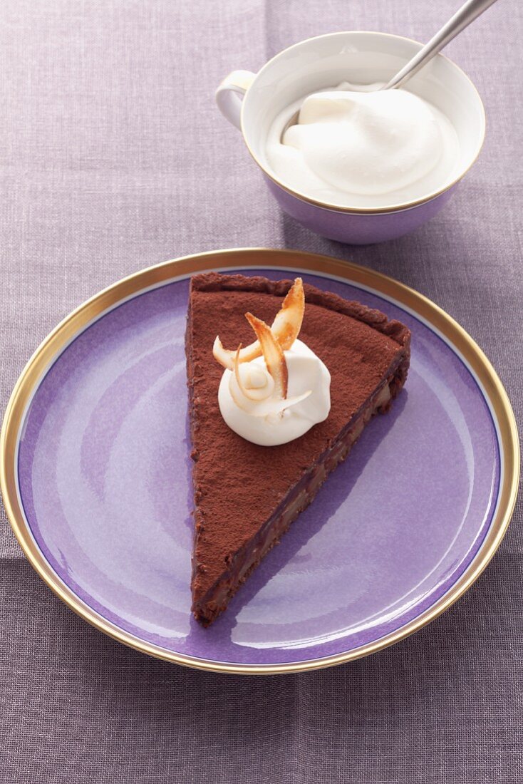 A slice of coconut and chocolate cake with a blob of cream on a purple plate