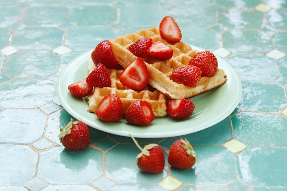 Two Belgian Waffles with Strawberries 