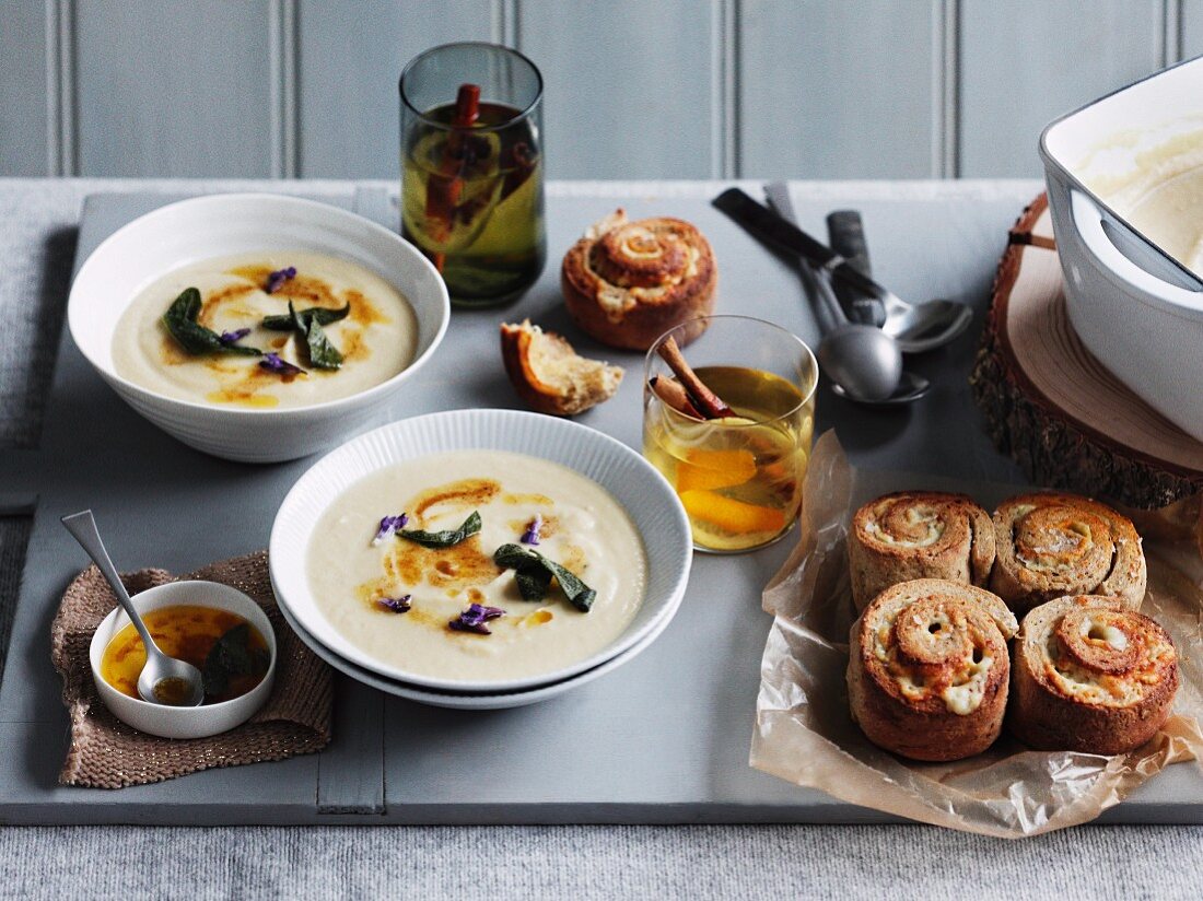 Roasted garlic and parsnip soup with lemon sage butter, onion rolls with cheese and chives