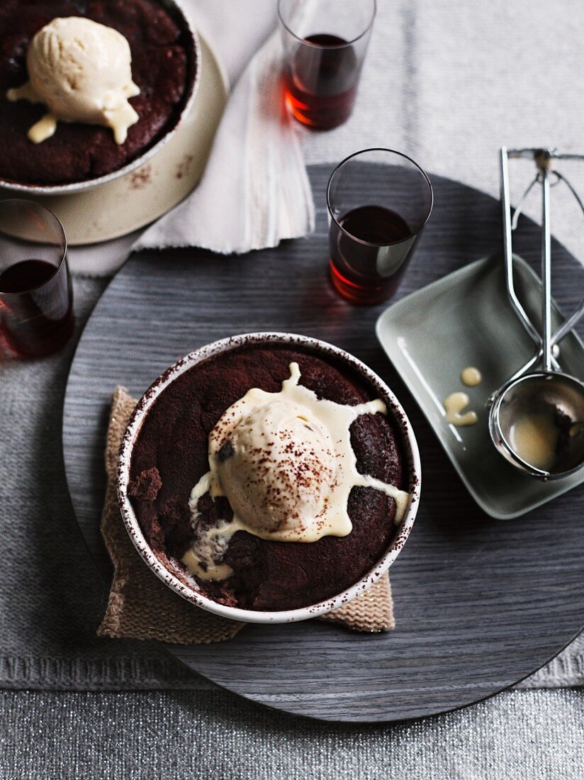 Baked chocolate pudding with muscatel ice cream