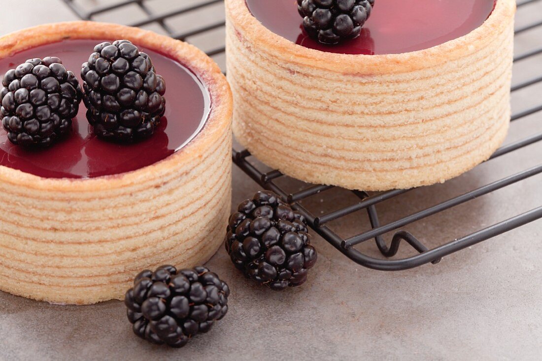 Small Baumkuchen (German layer cakes) with blackberry filling, with fresh blackberries and a cooling rack