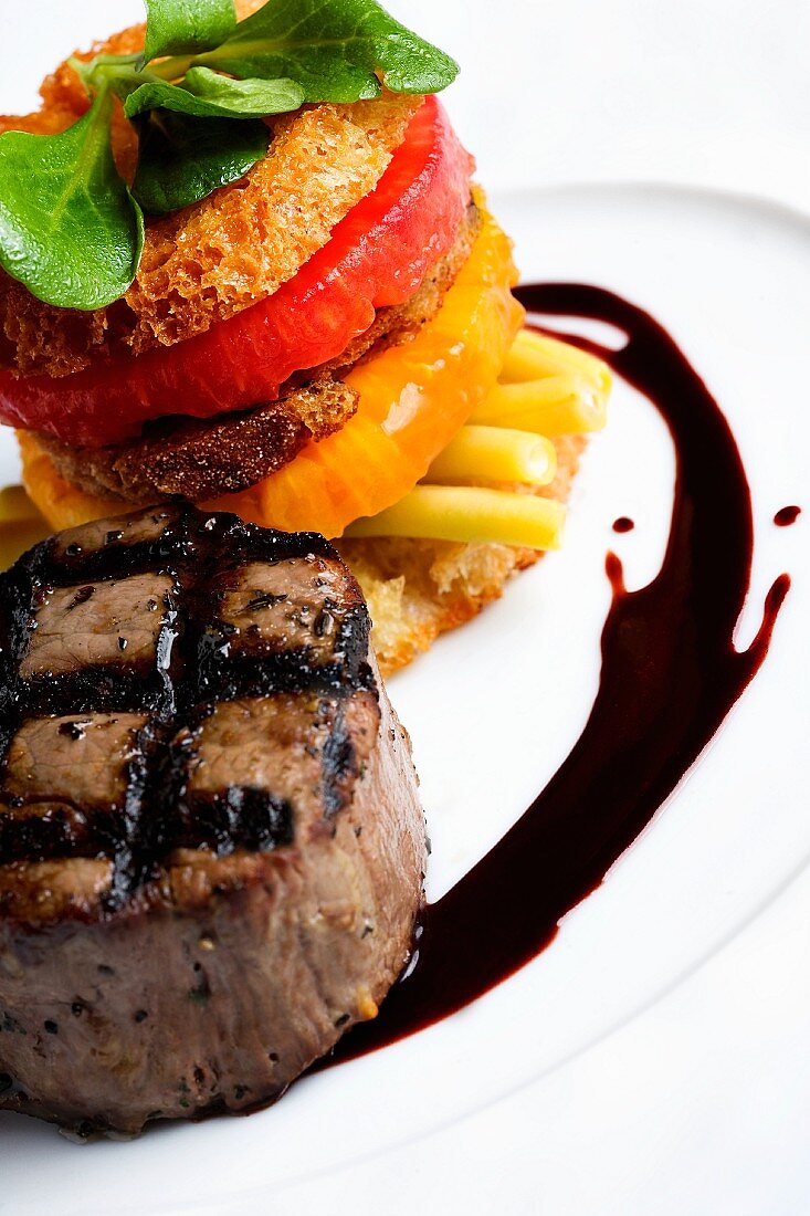 Grilled Filet Mignon with Layered Heirloom Tomato Salad and Red Wine Reduction