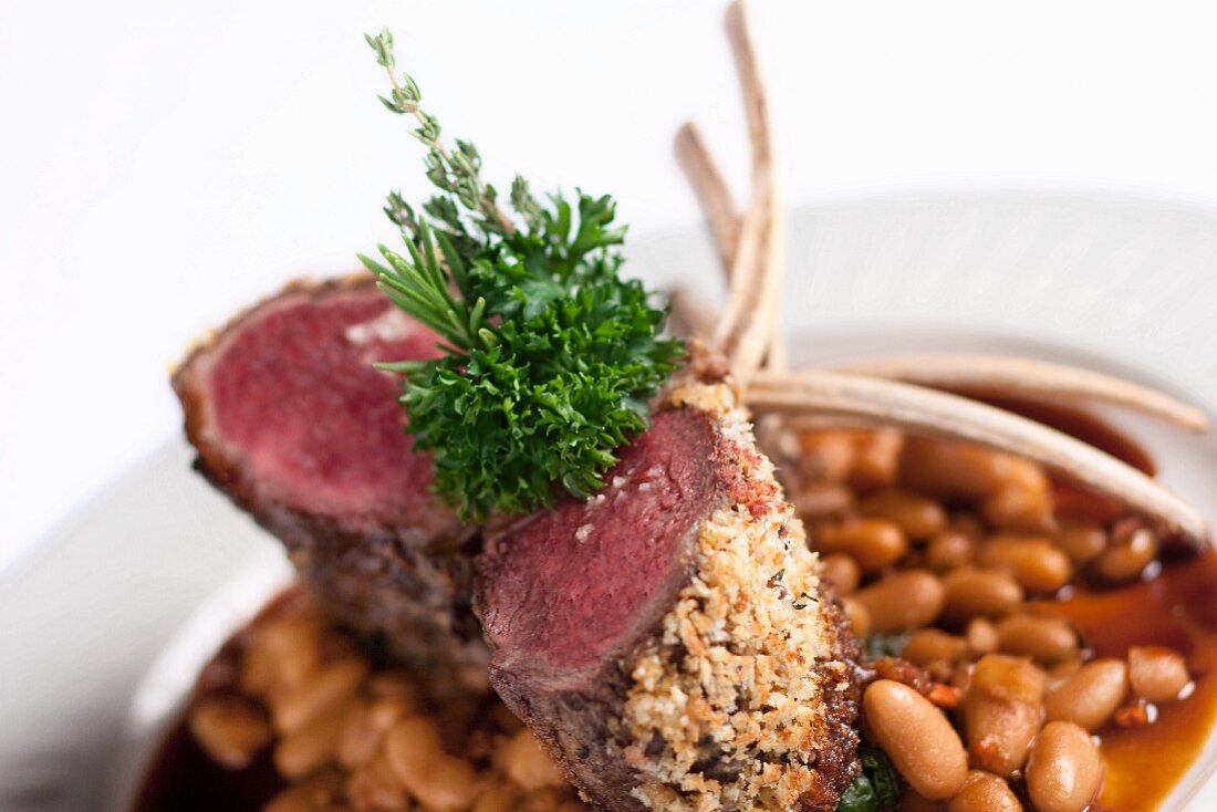 Breaded Rack of Lamb with Baked Beans