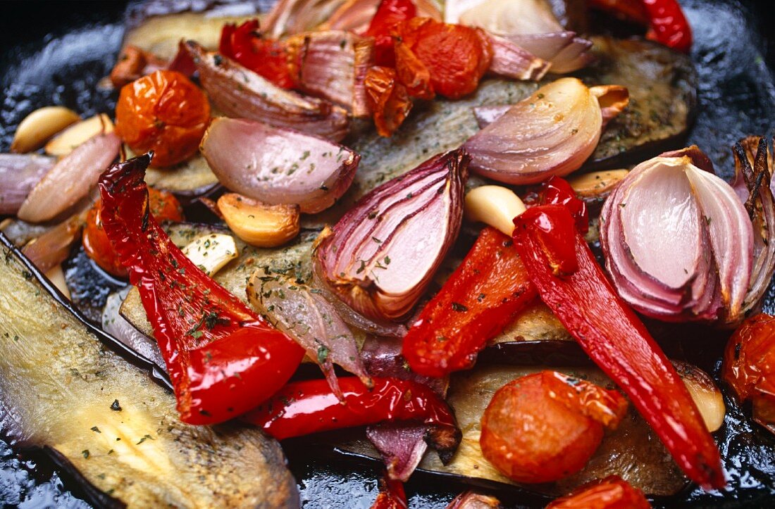 Roasted peppers, red onion, garlic, tomatoes and aubergine