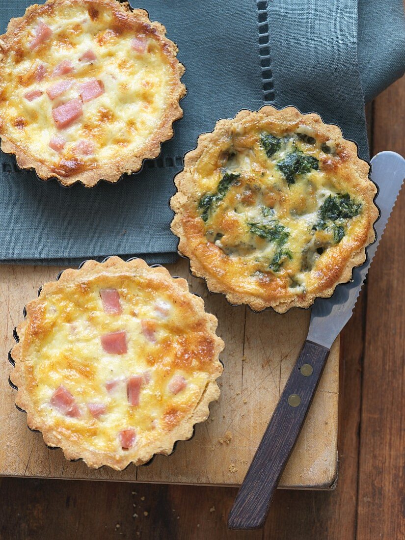 Three Mini Quiches; Two Ham and Cheese and Spinach and Blue Cheese