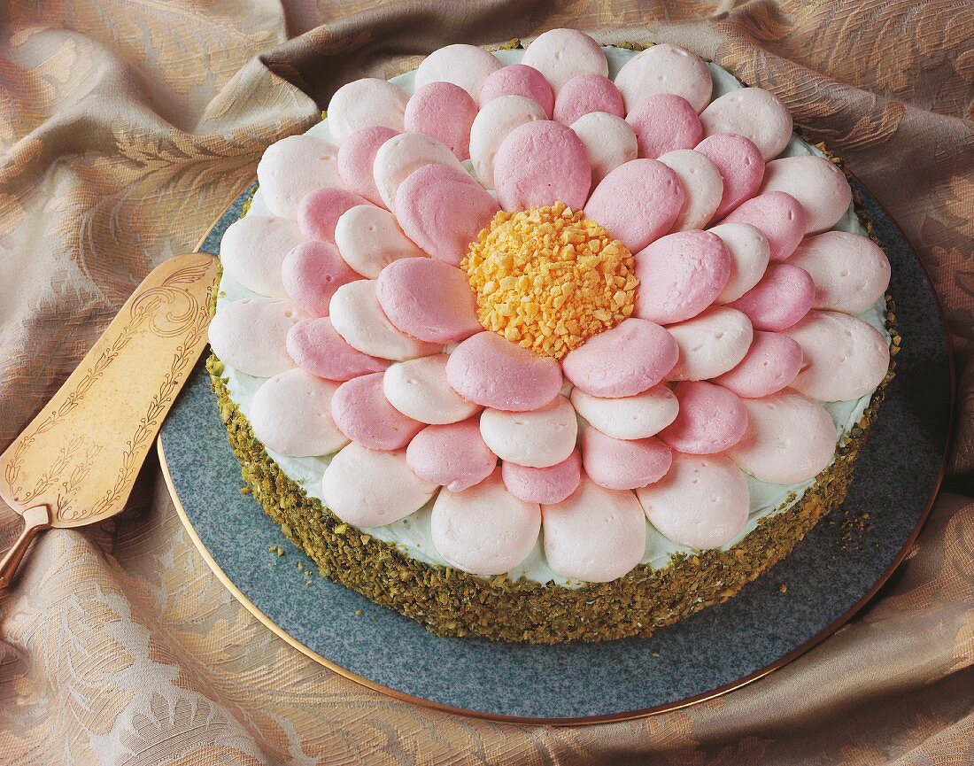A flower cake with pistachios and meringue biscuits