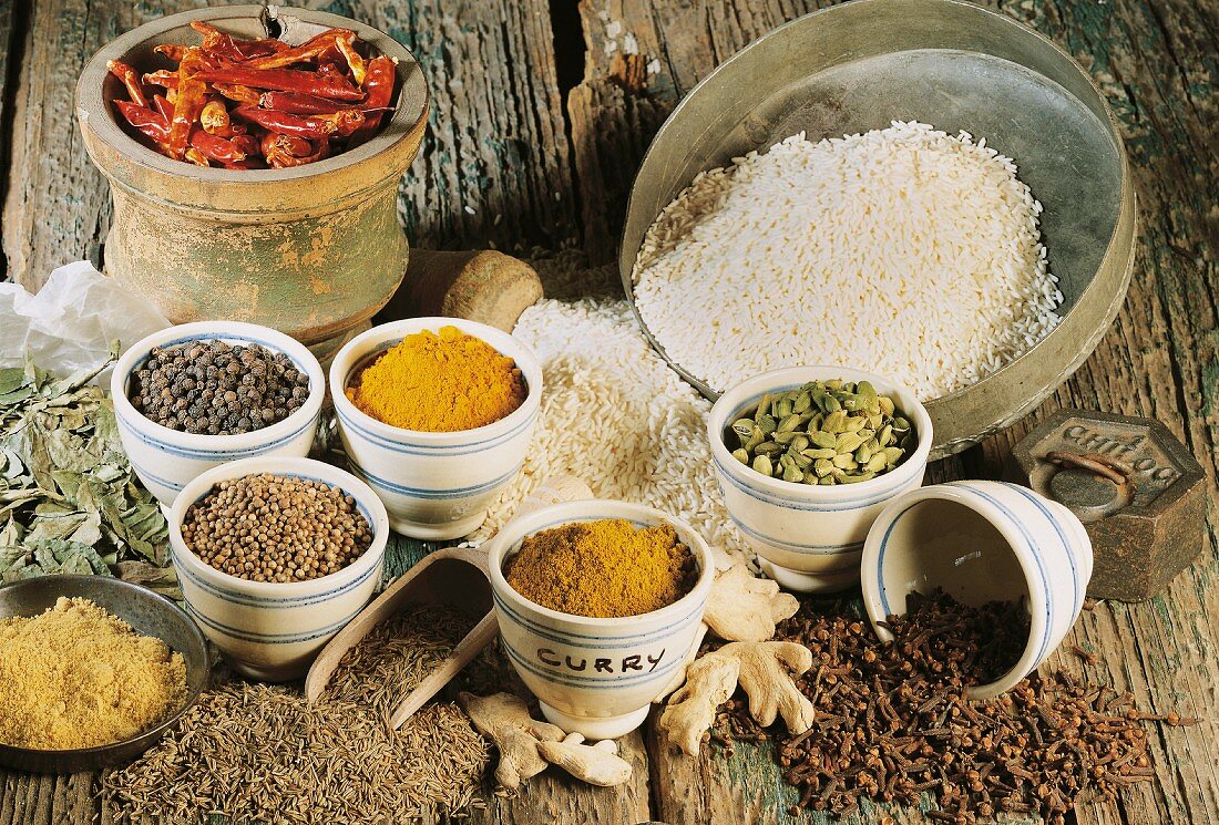 An arrangement of rice and various spices