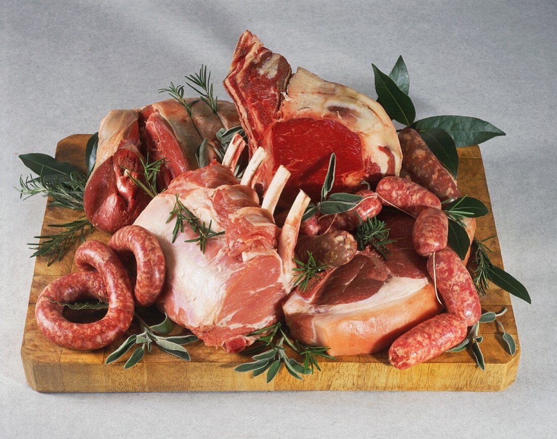 Various types of meat and sausages