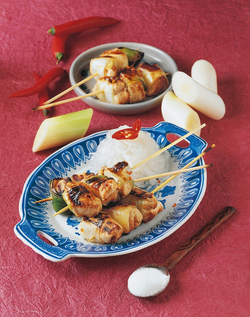 Chicken kebabs with leek