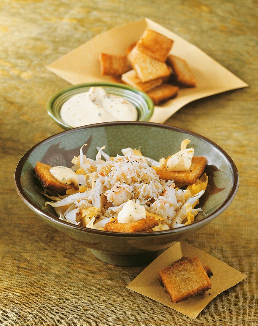 Crab salad with croutons and yoghurt mayonnaise