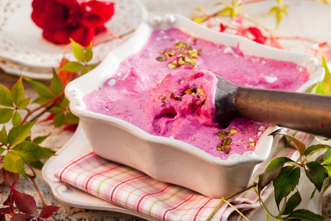 Beetroot ice cream with pistachios