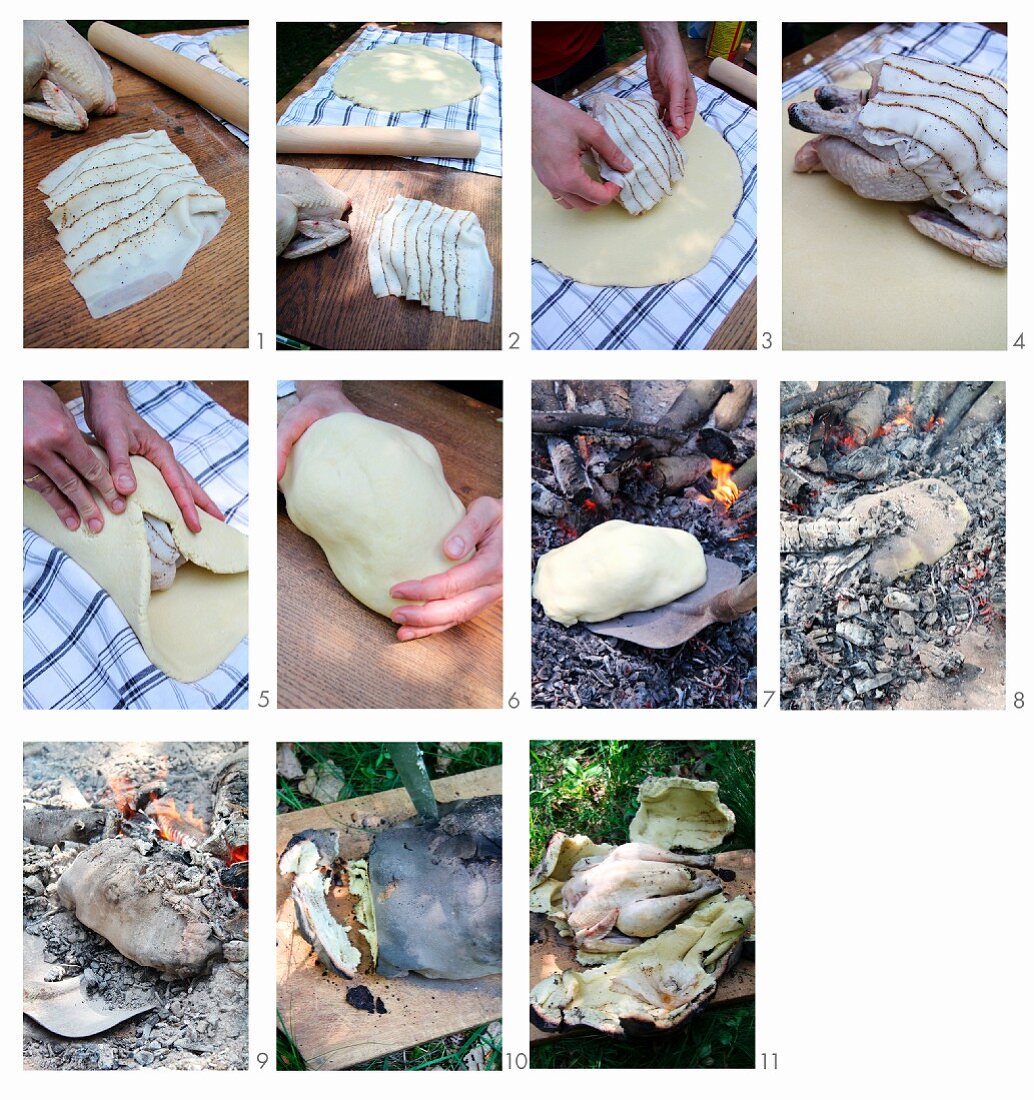 Chicken in salt dough being prepared over a camp fire