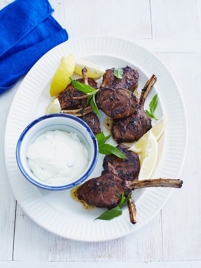 Grilled lamb chop with mint and a yoghurt dip