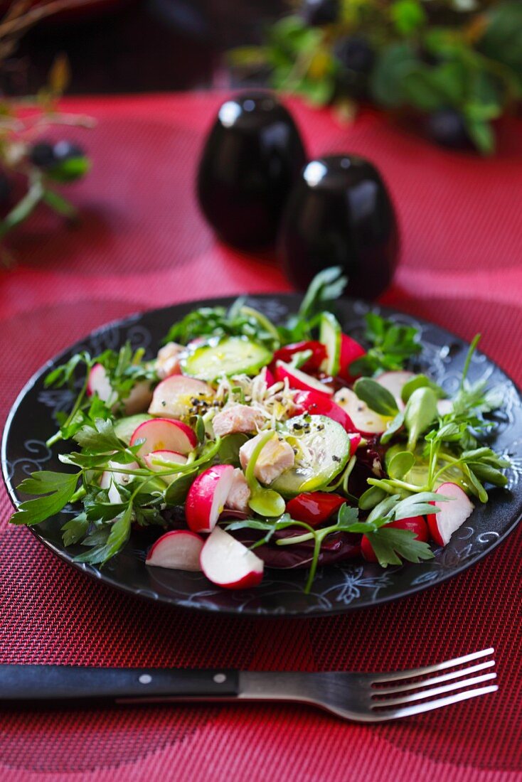 Gemischter Salat mit Radieschen auf schwarzem Teller und roter Tischdecke