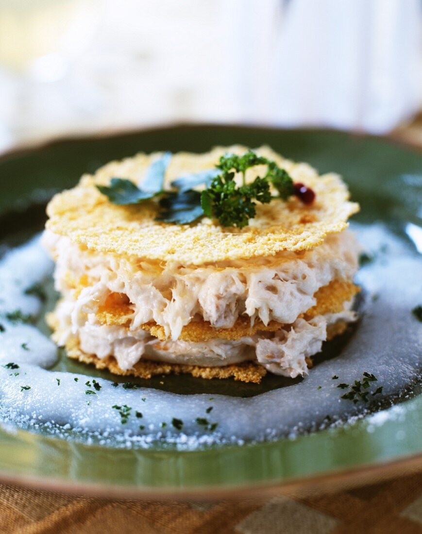 Mille feuilles with stock fish puree