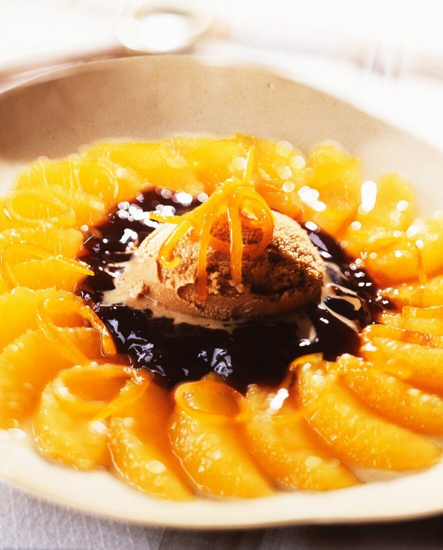Oranges with coffee jelly and coffee ice cream