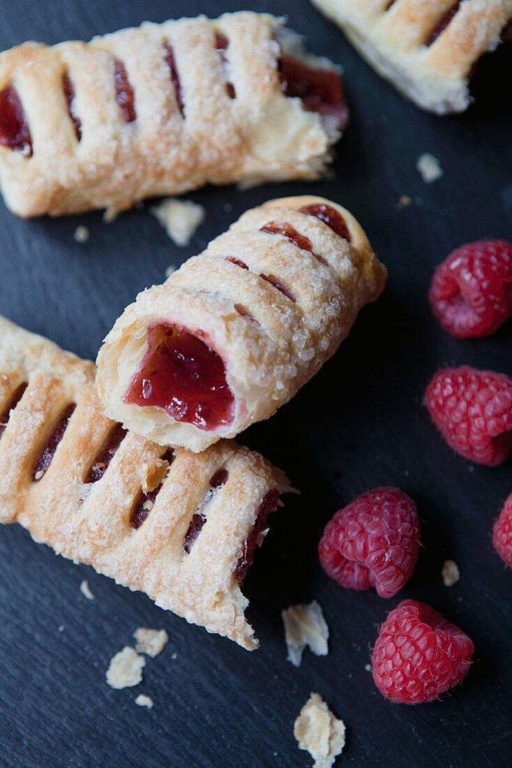 Mini raspberry strudels with fresh raspberries