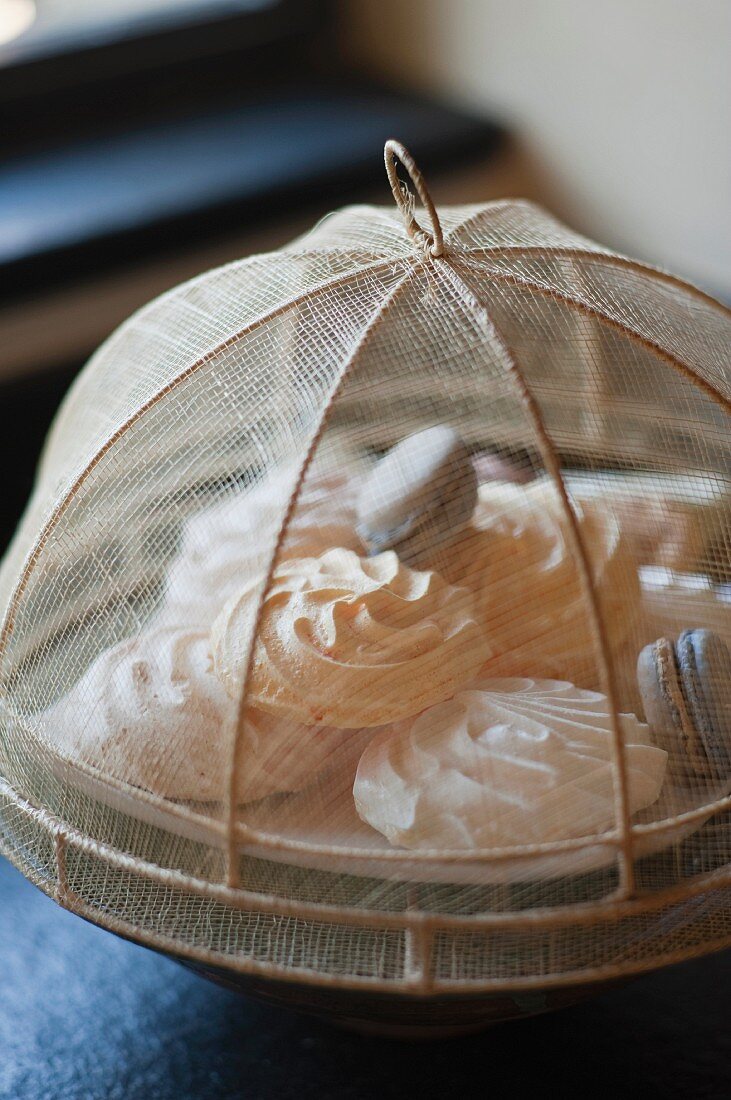 Meringues und Macarons auf Teller mit Insekten-Schutzhaube