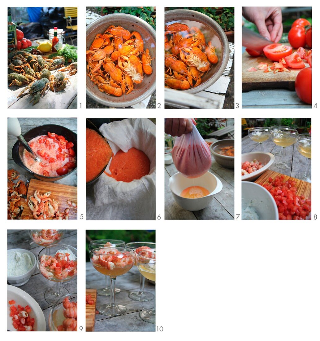 Crayfish in tomato jelly being made