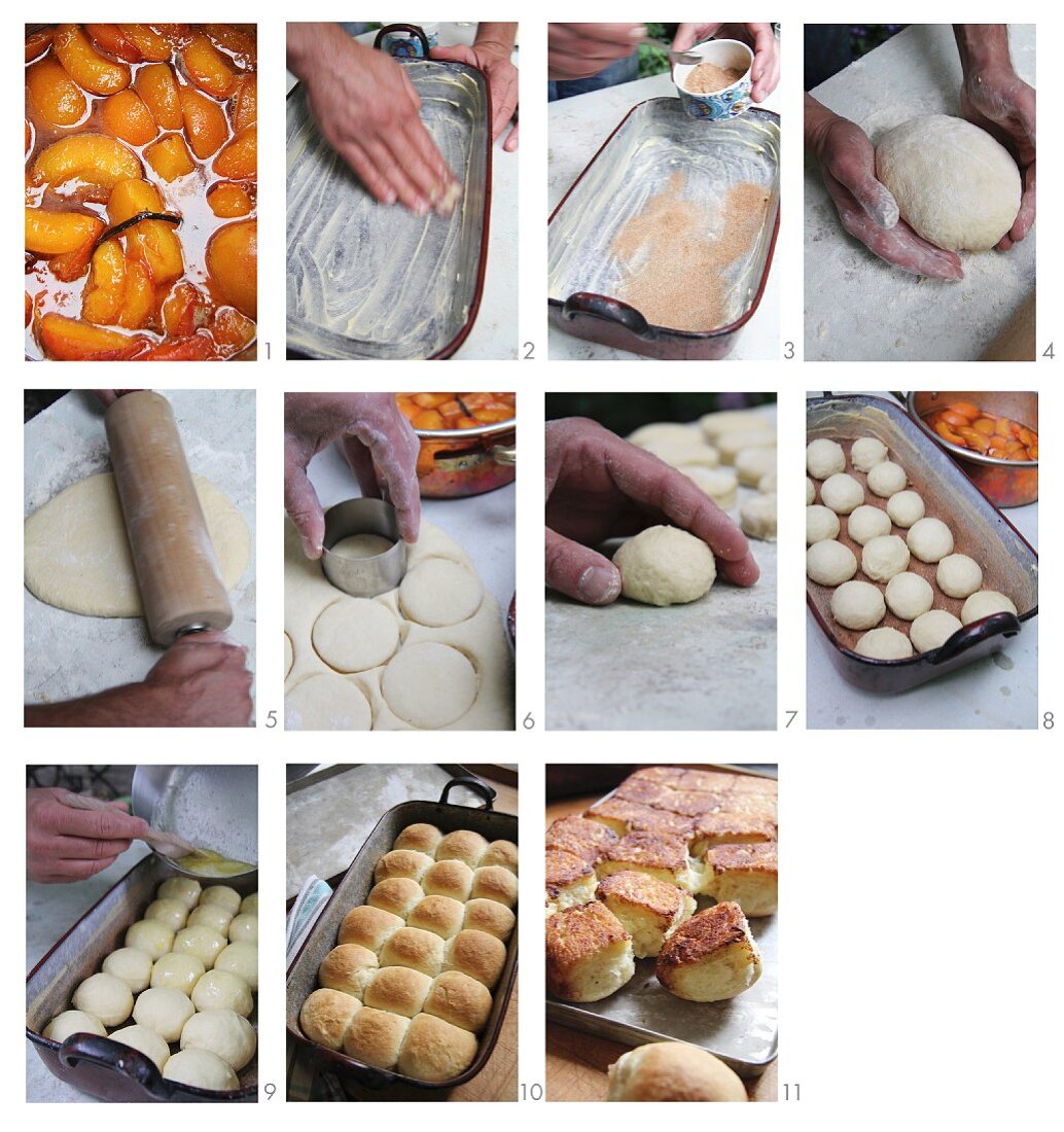 Rohrnudeln (baked, sweet yeast dumplings) with apricot compote being made