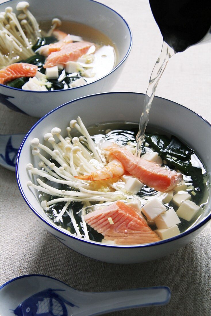 Miso soup with salmon and mushrooms (Japan)