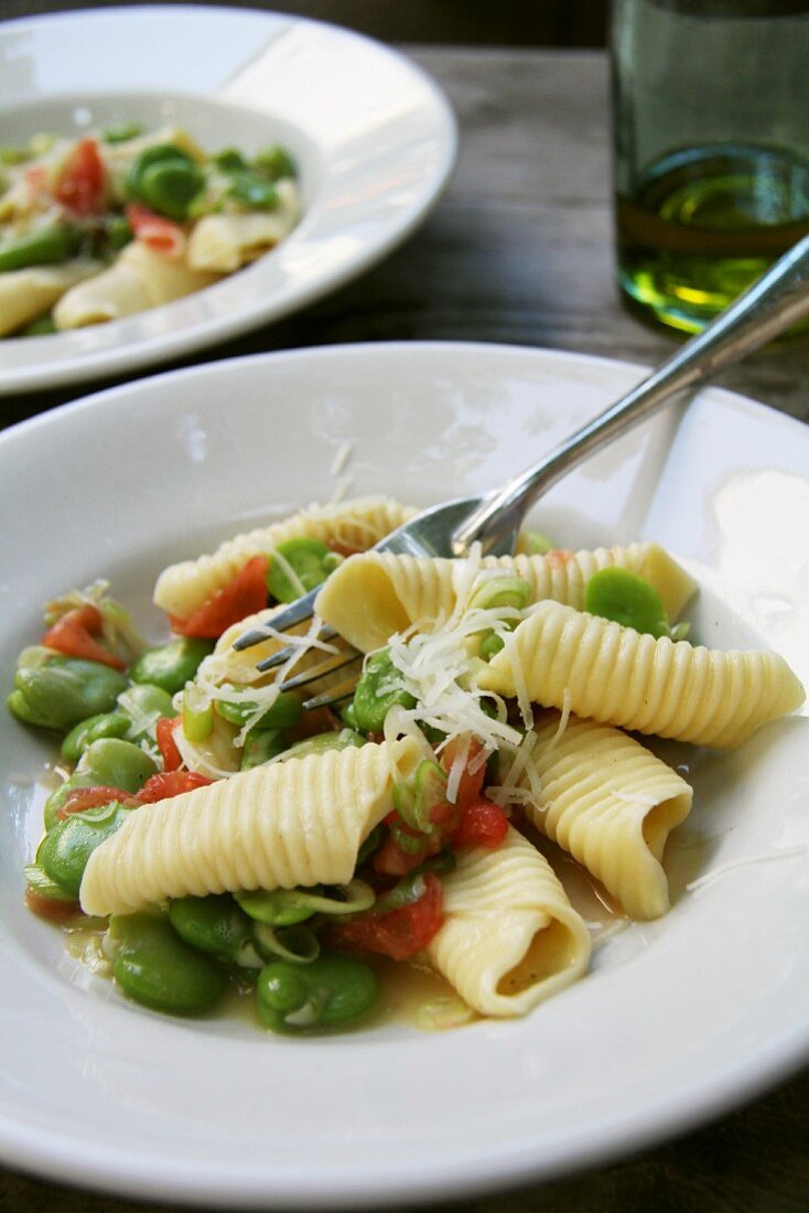 Garganelli with broad beans, tomatoes and Parmesan