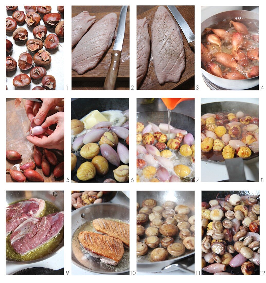 Duck breast with mushrooms, shallots and chestnuts being made