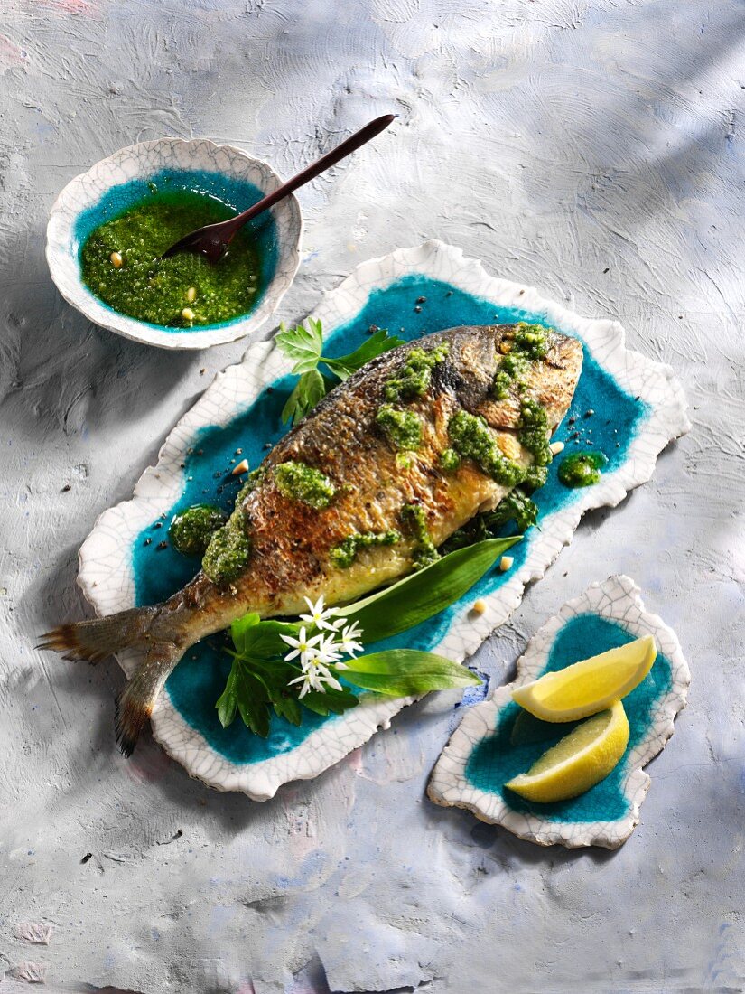 Fried bream with ramson pesto