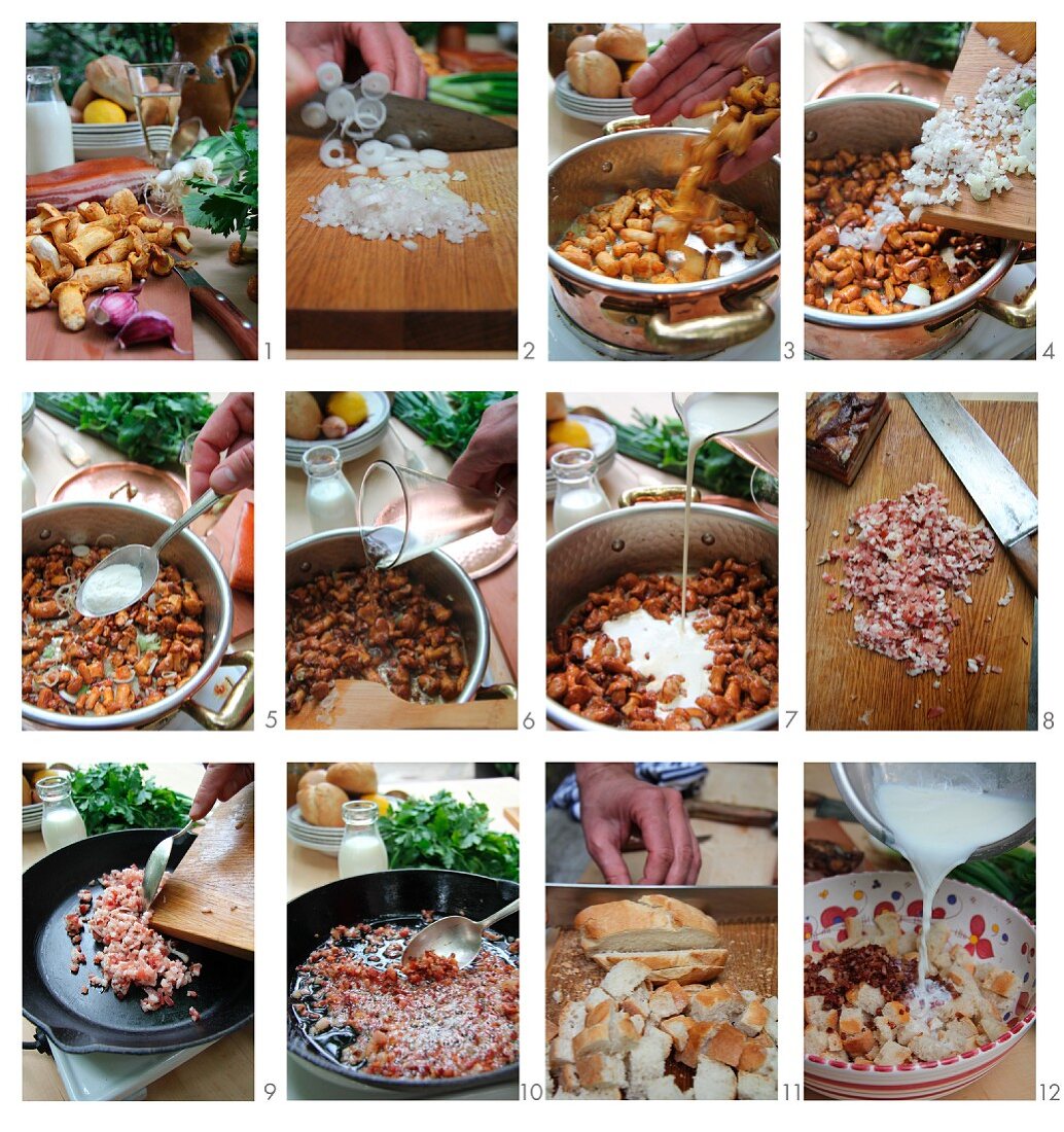 Chanterelle mushroom soup with bacon dumplings being prepared