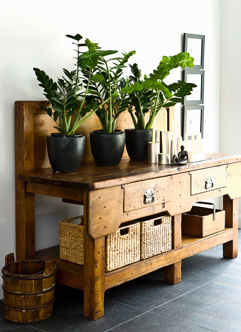 Potted plants on rustic wooden console table with drawers and storage baskets on dark grey tiled floor of foyer