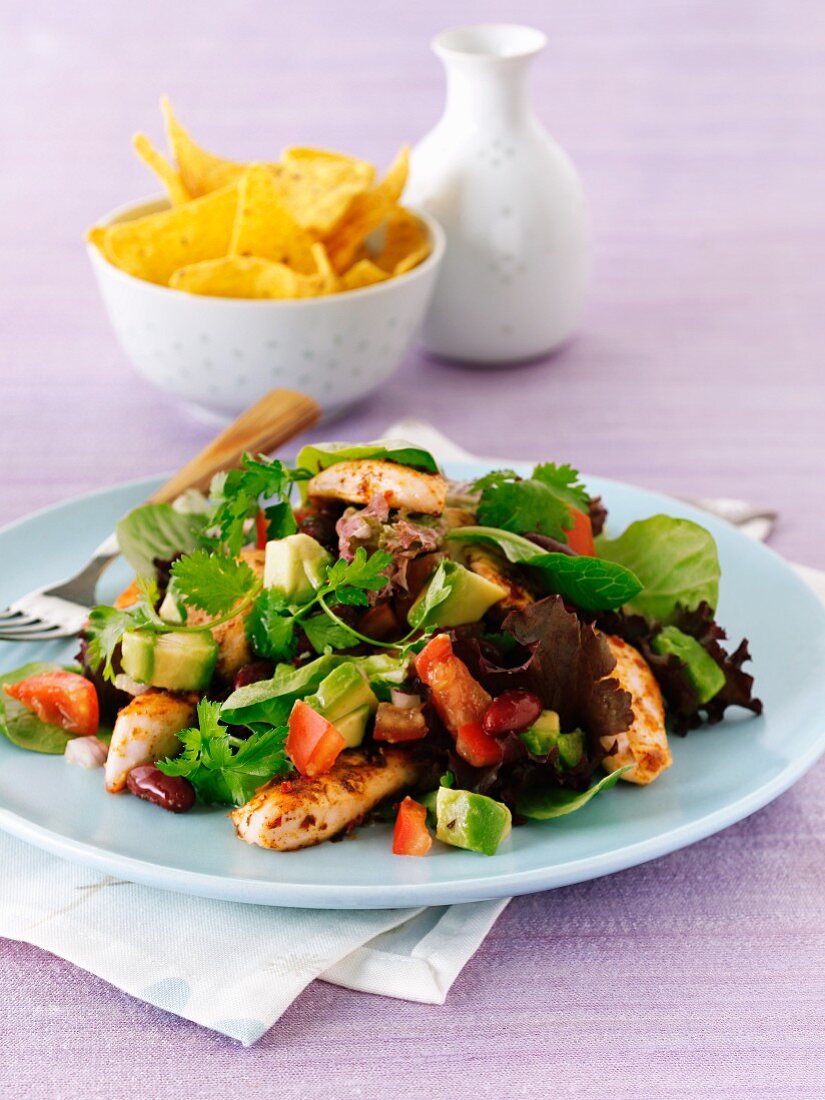 Spicy chicken salad with tortilla chips