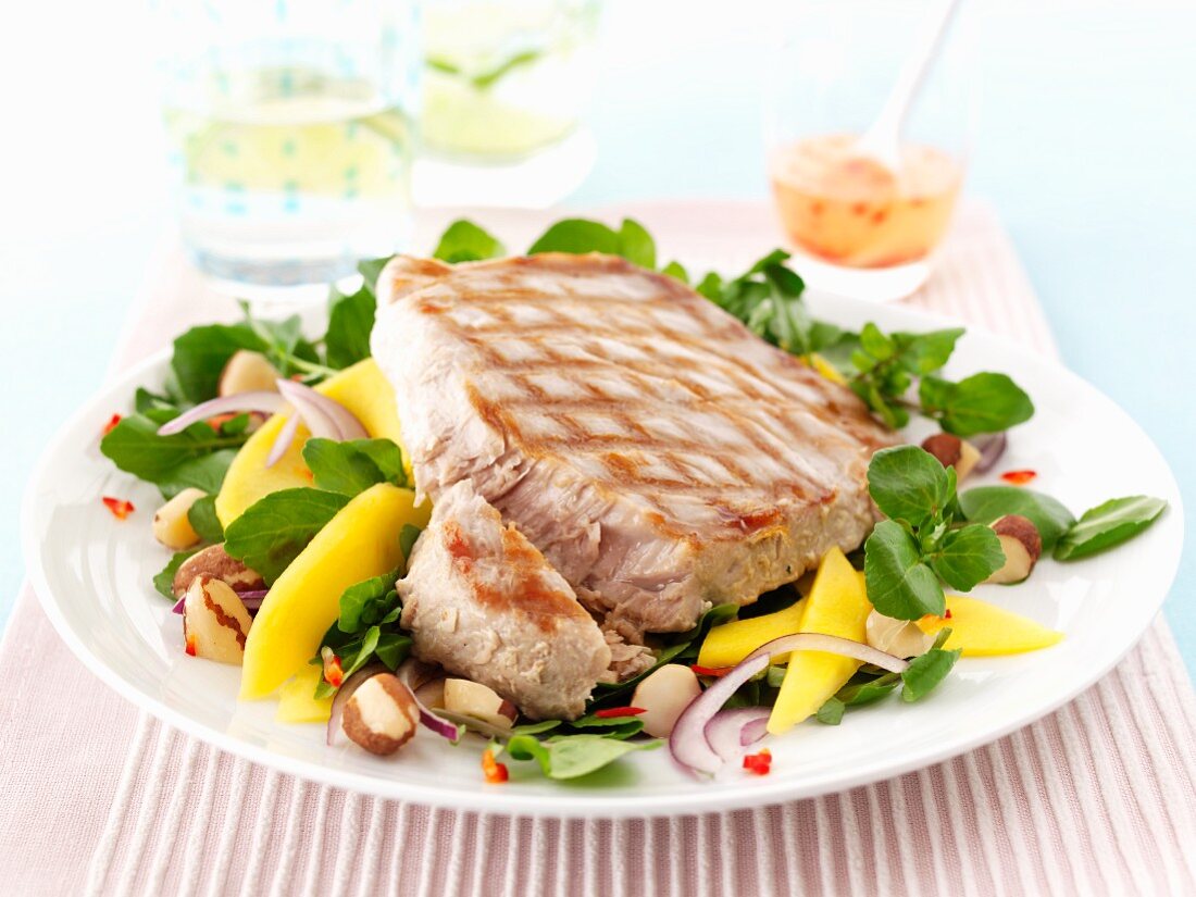 Tuna fish steak with a watercress salad