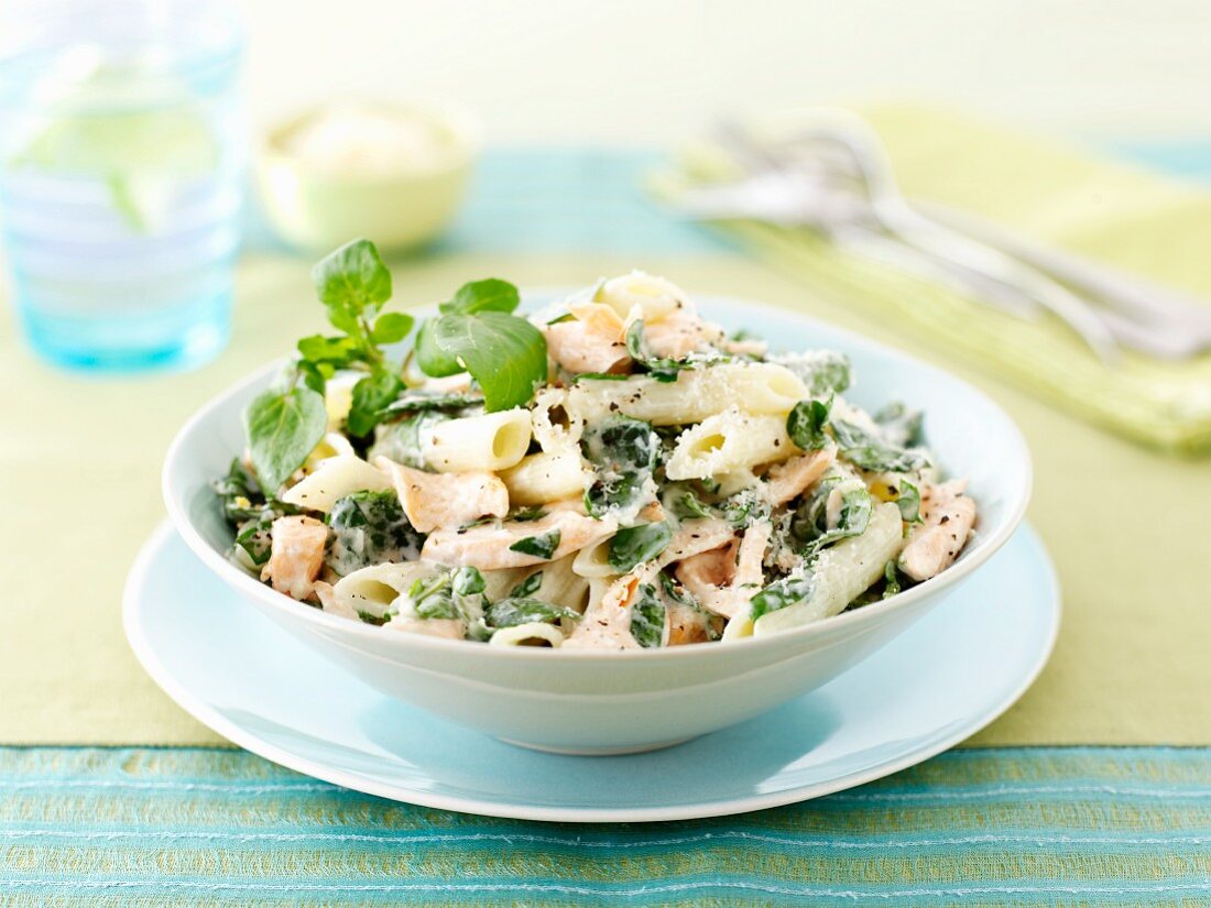 Penne with salmon and watercress