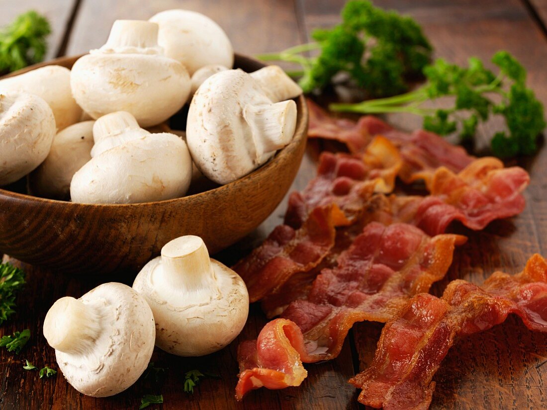 Mushrooms and fried bacon