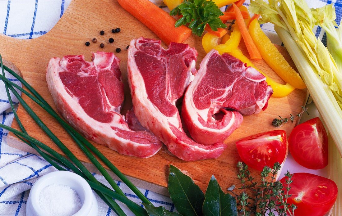 Lamb chops, fresh vegetables, herbs and spices