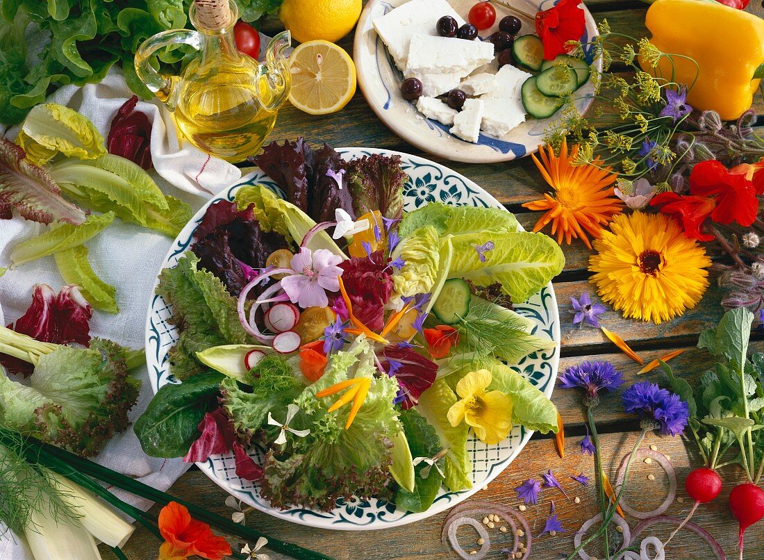 Mixed leaf salad with edible flowers, sheep's cheese with olives and ingredients
