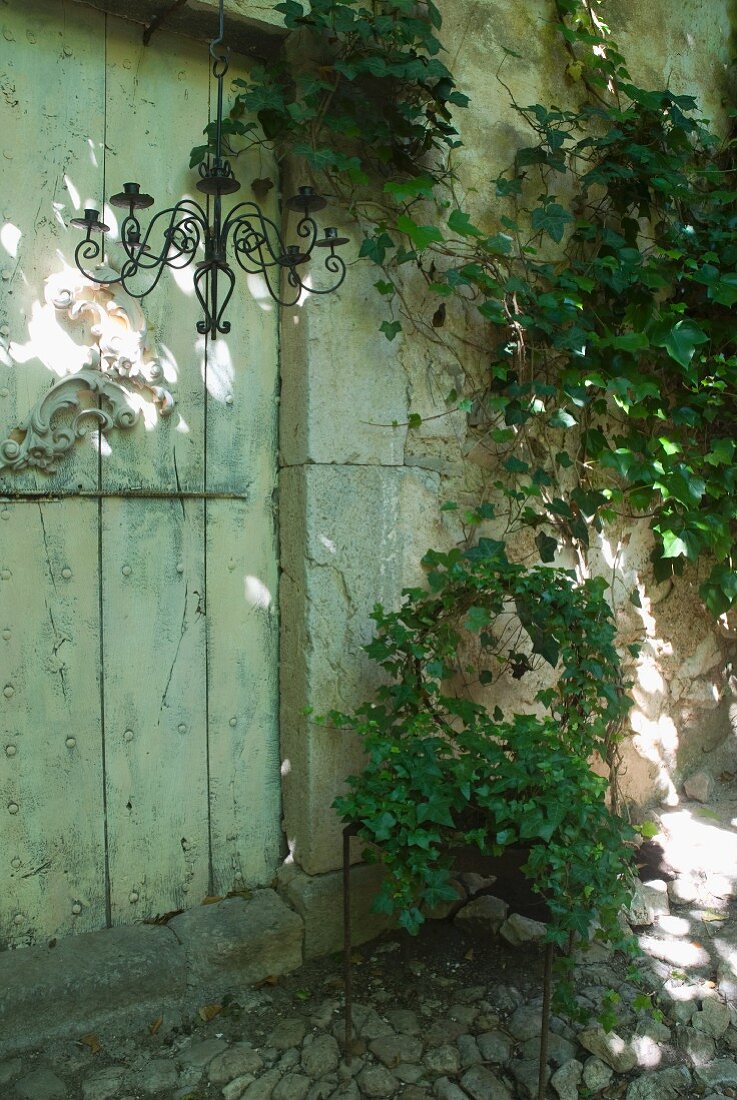 Wrought iron chandelier in front of wooden door of farm house and chair covered with climbing plants