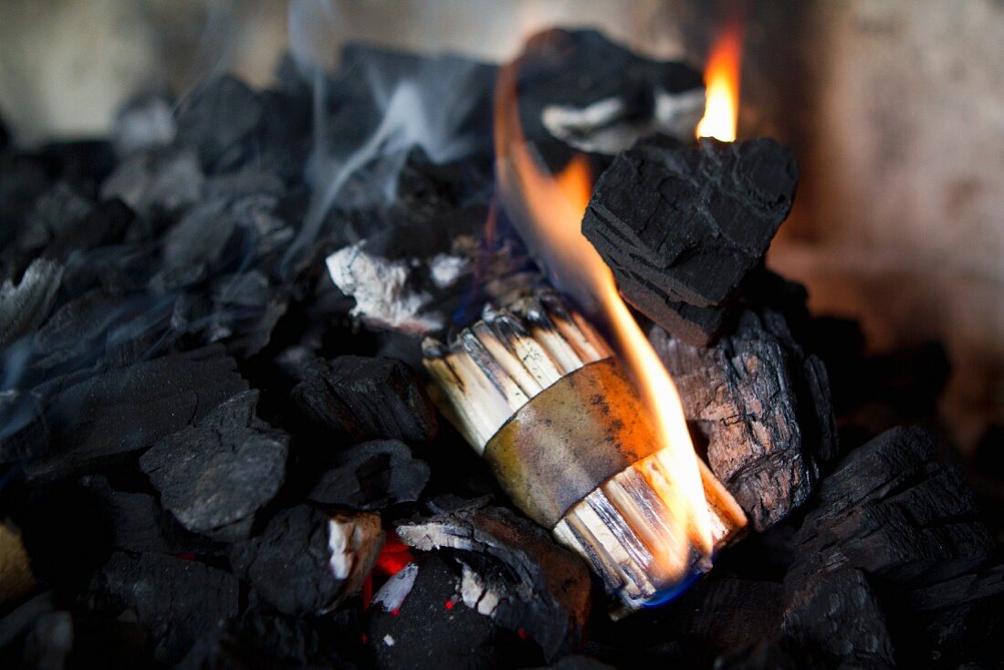 Barbecue coal being lit with a fire lighter