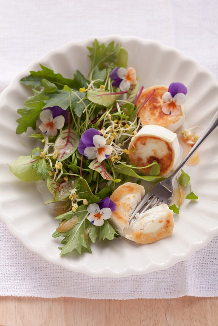 Gemischter Blattsalat mit gebackenem Ziegenkäse und Himbeervinaigrette