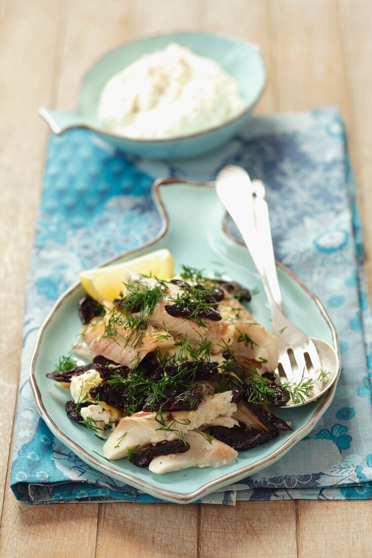 Smoked trout with prunes and creamy horseradish