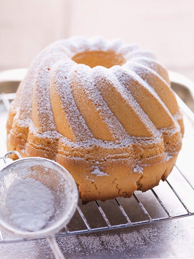 A Bundt cake with icing sugar on a wire rack