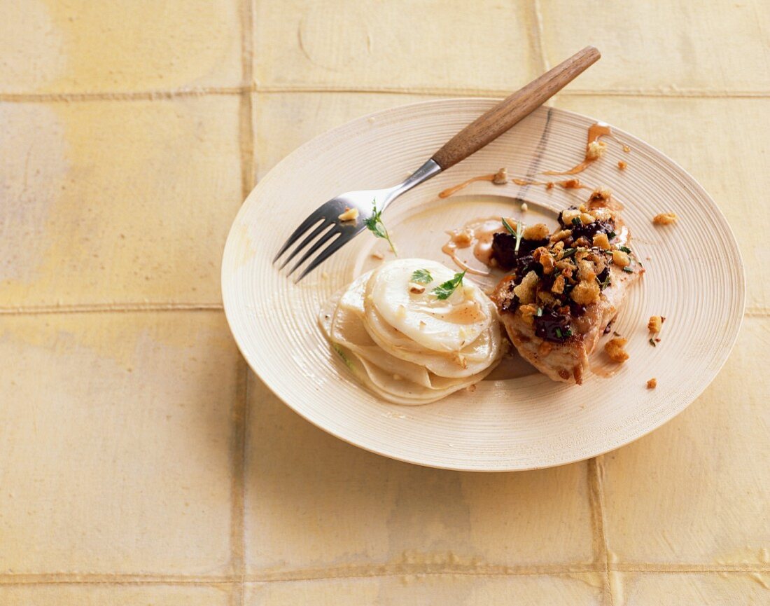 Pheasant breast with a quince and cocoa crust and creamy parsnips