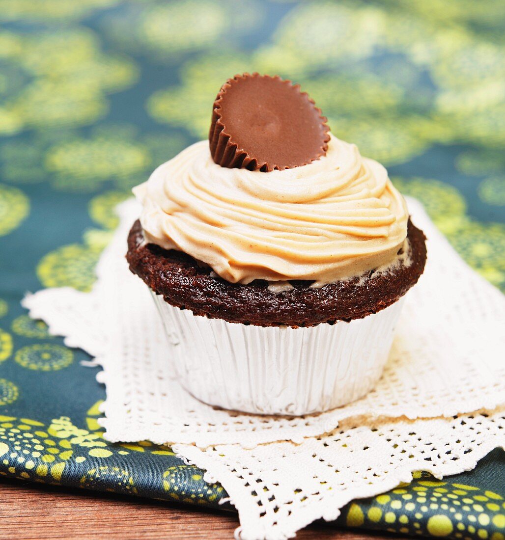 Chocolate Cupcake with Peanut Butter Frosting and a Chocolate Covered Peanut Butter Candy