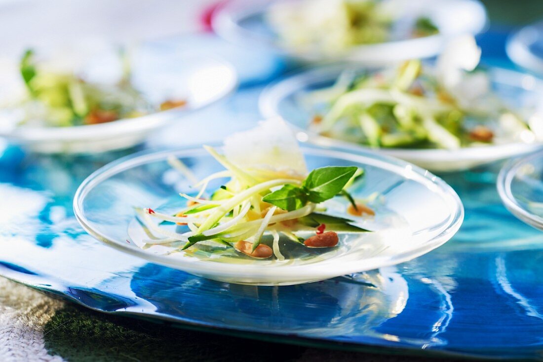 Courgette salad with white wine jelly and pine nuts